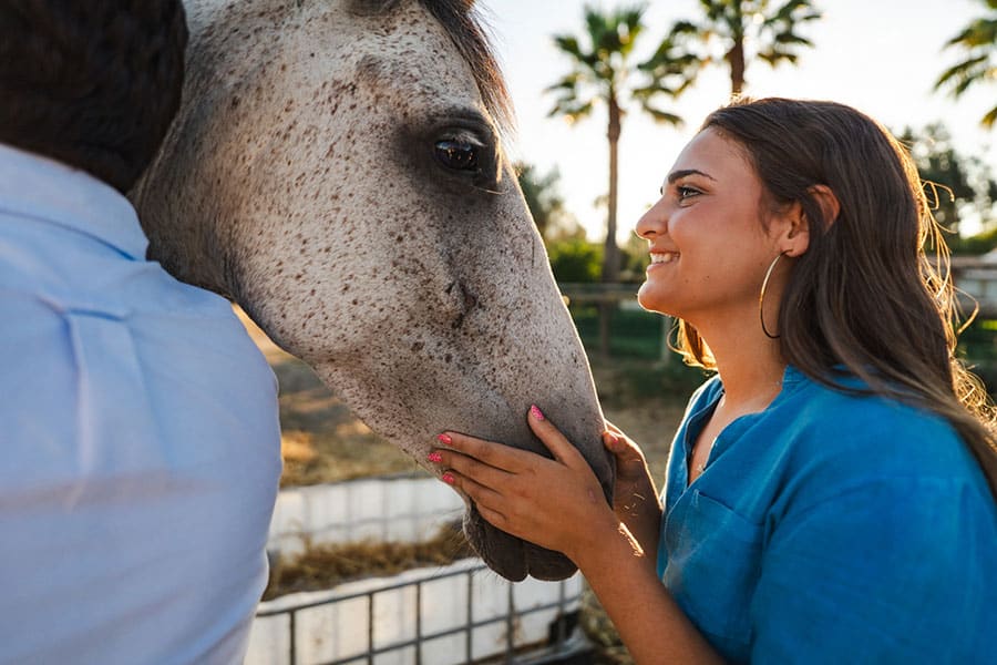 A woman smiles while touching the muzzle of a dappled therapy animal.